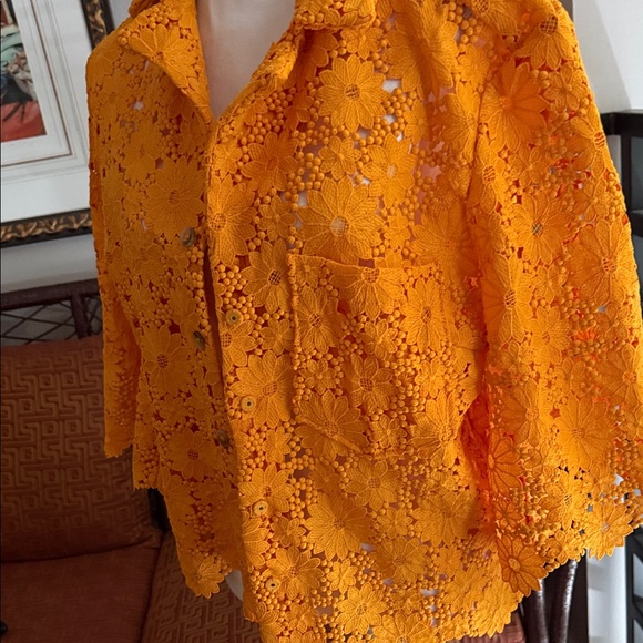 Anthropologie Bright Orange Lace Button-Down Shirt - Picture 4 of 7